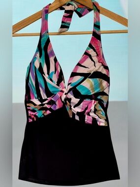 Gottex Colorblock Halter Twist Front Tankini Top Black W/Multicolor Print NWT 8